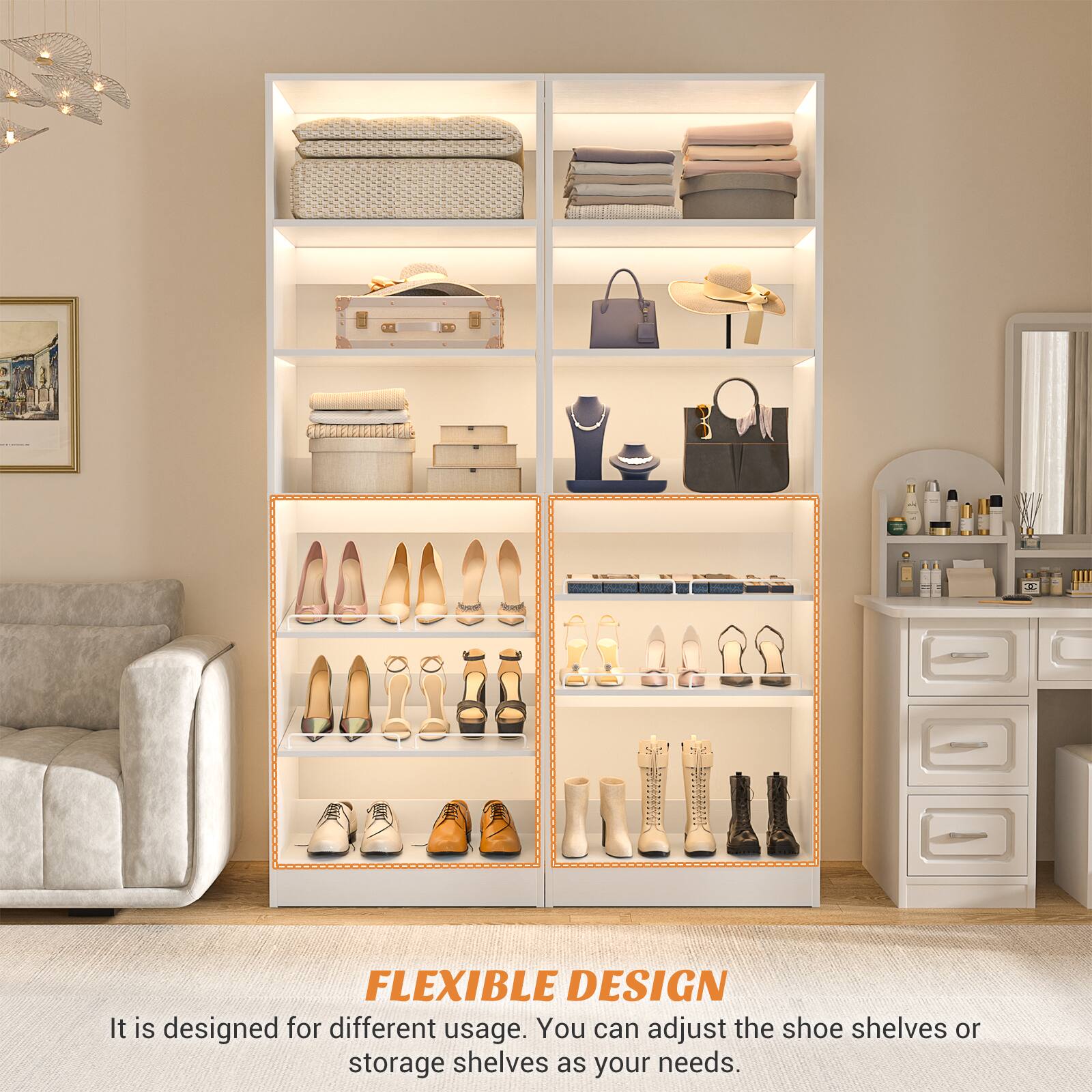 FLEXIBLE DESIGN

It is designed for different usage. You can adjust the shoe shelves or storage shelves as your needs.