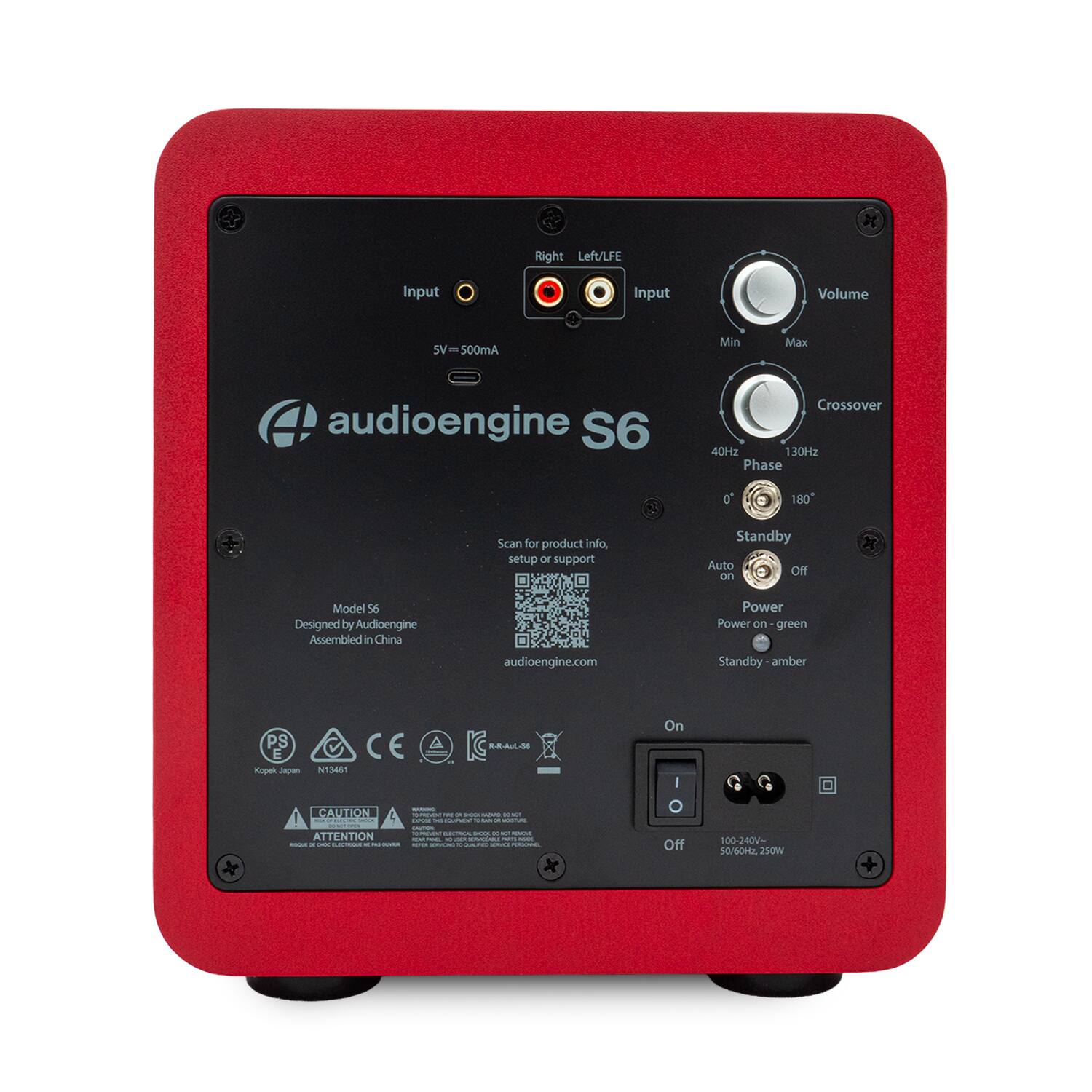 Right Left/LFE Input  
Input Volume  
SV 5V = 500mA  
Min Max  

audioengine S6  
Crossover 40Hz 130Hz  
Phase 0° 180°  

Scan for product info setup or support  
audioengine.com  

Standby Auto Off on  
Model 56  
Designed by Audioengine  
Assembled in China  

Power  
Power on - green  
Standby - amber  

PS CE A AUM E  
Ropel - N13481  

CAUTION  
ATTENTION  

100-240V~ 50/60Hz 250W