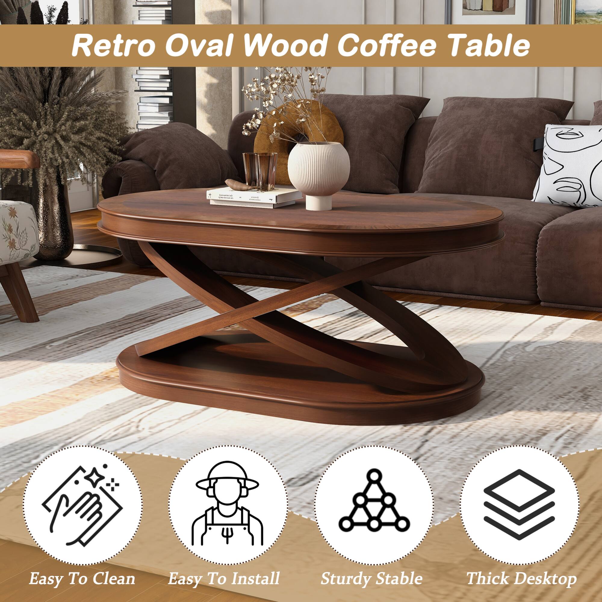 Retro Oval Wood Coffee Table

- Easy To Clean
- Easy To Install
- Sturdy Stable
- Thick Desktop