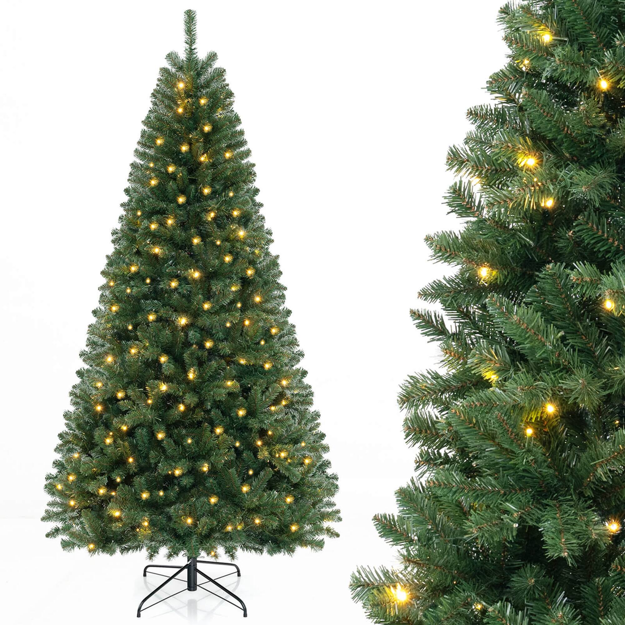 Costway - 8 FT Christmas Tree with 1182 PVC Branch Tips 400 Warm White LED Lights Gloves - Green