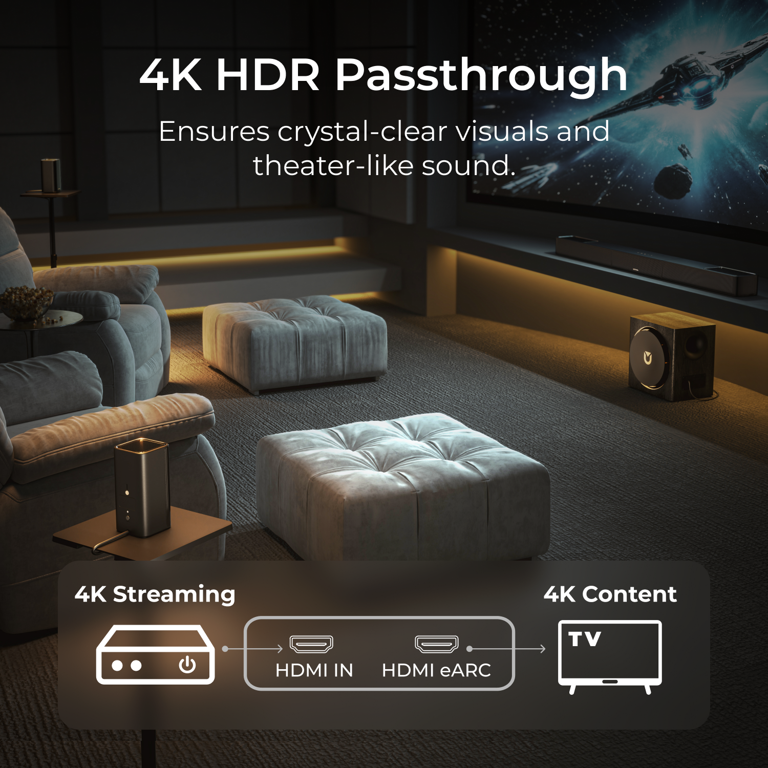 4K HDR Passthrough  
Ensures crystal-clear visuals and theater-like sound.  

4K Streaming  
4K Content  

TV  
HDMI IN  
HDMI eARC
