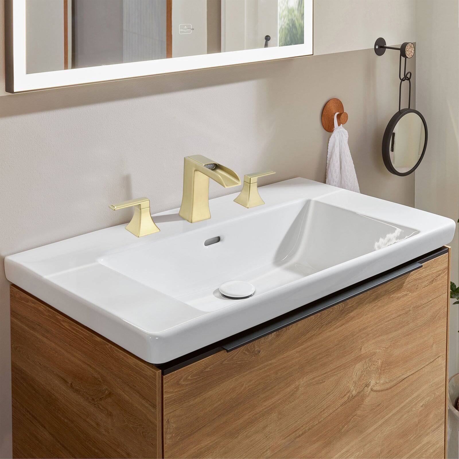Alt View 2. Boyel Living - Modern 8 Inch Widespread Double Handle Brass Bathroom Faucet with Pop Up Drain and Water Supply Hoses in Brushed Gold - Brushed Gold.