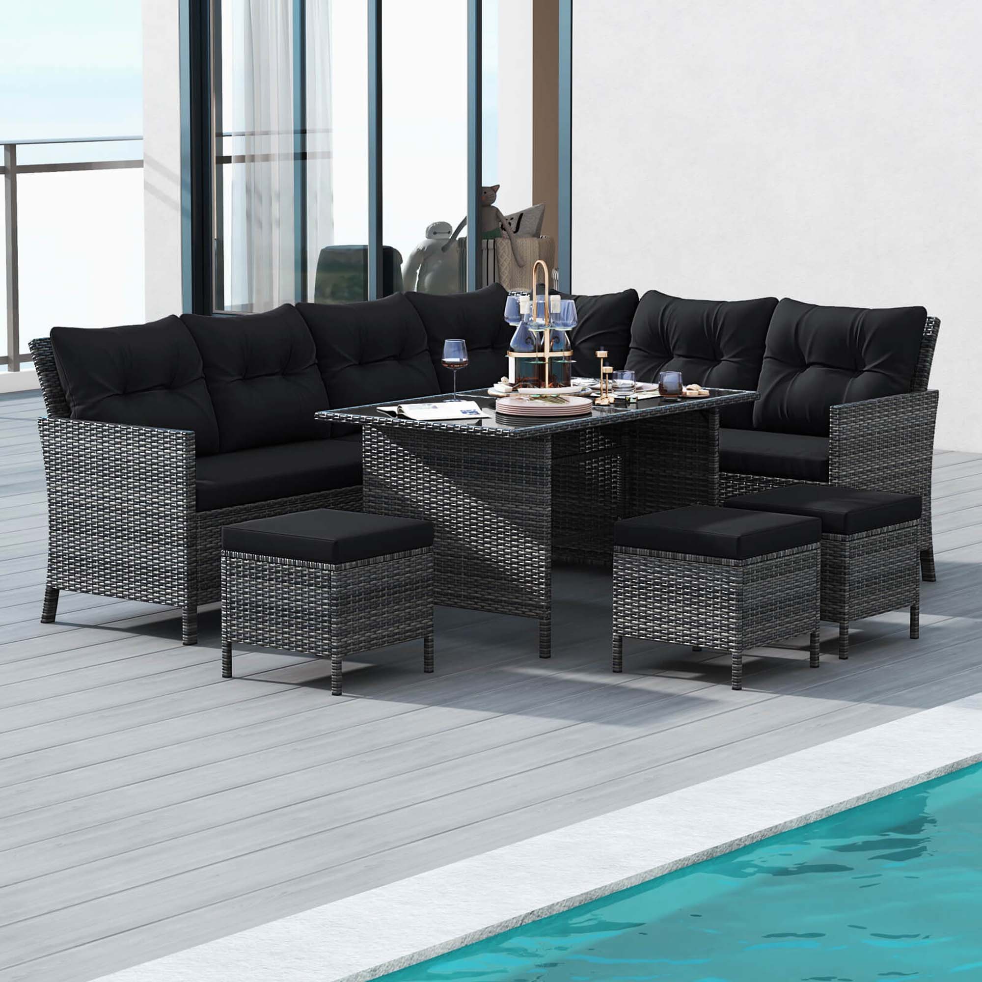 Alt View 4. Costway - 7 PCS Patio Dining Furniture Set PE Rattan Sectional Sofa Set with Soft Cushions - Black,Mix Gray.