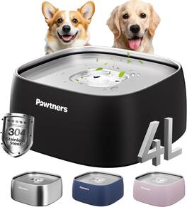 Pawtners - 4L Stainless Steel Dog Water Bowl with Non-Slip Base, No Spill Design, Slow Drinking Feature and Spill-proof - Ebony
