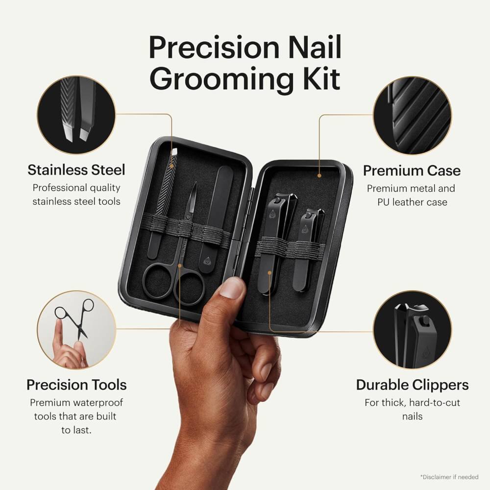 Precision Nail Grooming Kit

- Stainless Steel
  Professional quality stainless steel tools

- Premium Case
  Premium metal and PU leather case

- Precision Tools
  Premium waterproof tools that are built to last.

- Durable Clippers
  For thick, hard-to-cut nails

*Disclaimer if needed