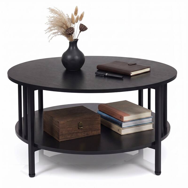 Left. WELLFOR - 2-Tier Round Coffee Table with Storage Shelf ,Modern Center Table Cocktail Tea Table for Living Room - Black.