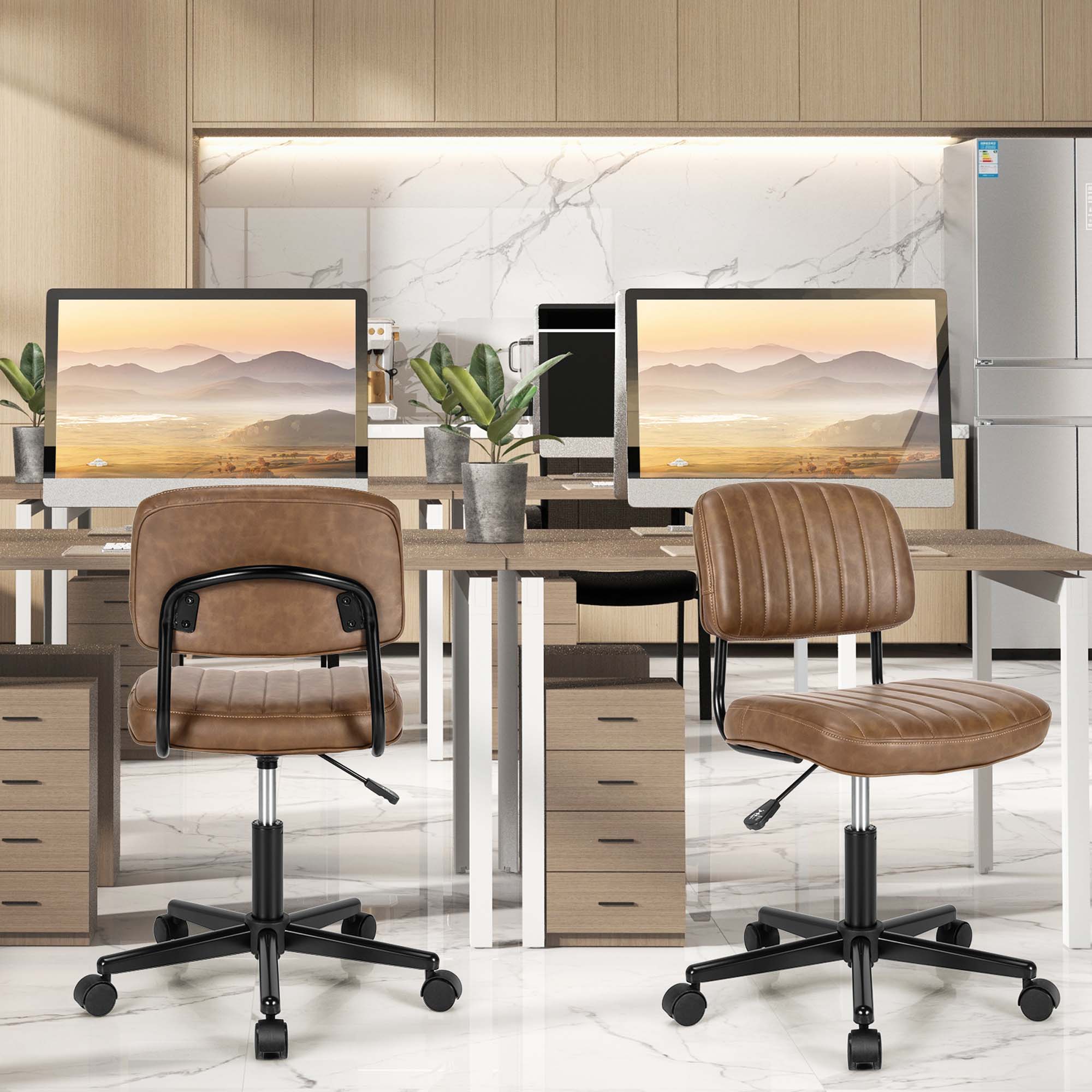 Angle. Costway - PU Leather Adjustable Swivel Office Chair with Backrest (Set of 2) - Brown.