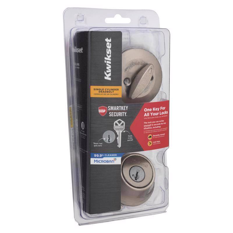Kwikset SINGLE CYLINDER DEADBOLT CERROJO DE UN CLINDRO SMARTKEY SECURITY. One Key For All Your Locks La parte de cn m- The lock you can rekey yourself in seconds tr an yournseff . sltwation, including Reser toad as here Gahh CA Recently noed Lan Bo A 99.9% CLEANER MICROBAN