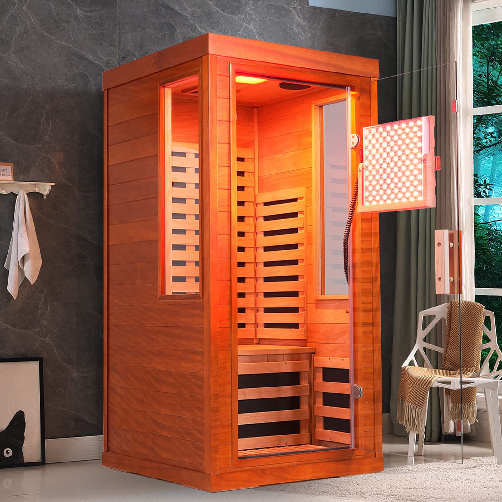 Chateau Abodes - 1 Person Far Infrared Sauna with 225-LED Light Panel, Solid Okoume Wood, Low EMF & Bluetooth for Home Spa & Relaxation - Natural