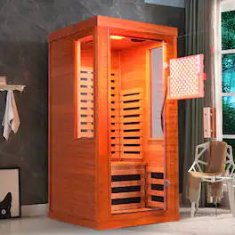 Chateau Abodes - 1 Person Far Infrared Sauna with 225-LED Light Panel, Solid Okoume Wood, Low EMF & Bluetooth for Home Spa & Relaxation - Natural