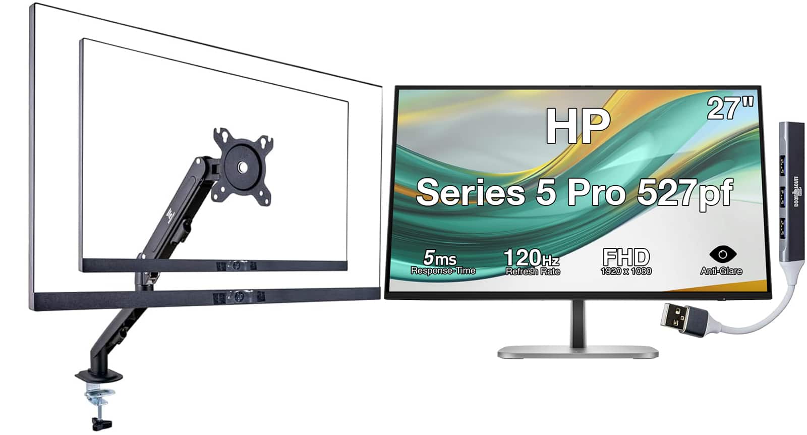 HP - Series 5 Pro 527pf 27" FHD IPS Monitor, Pivot, Displayport, HDMI (B28F5UT#ABA) w/DKZ Hub & Ergoflexy Single Mount Arm - Black