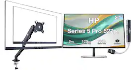 HP - Series 5 Pro 527pf 27" FHD IPS Monitor, Pivot, Displayport, HDMI (B28F5UT#ABA) w/DKZ Hub & Ergoflexy Single Mount Arm - Black