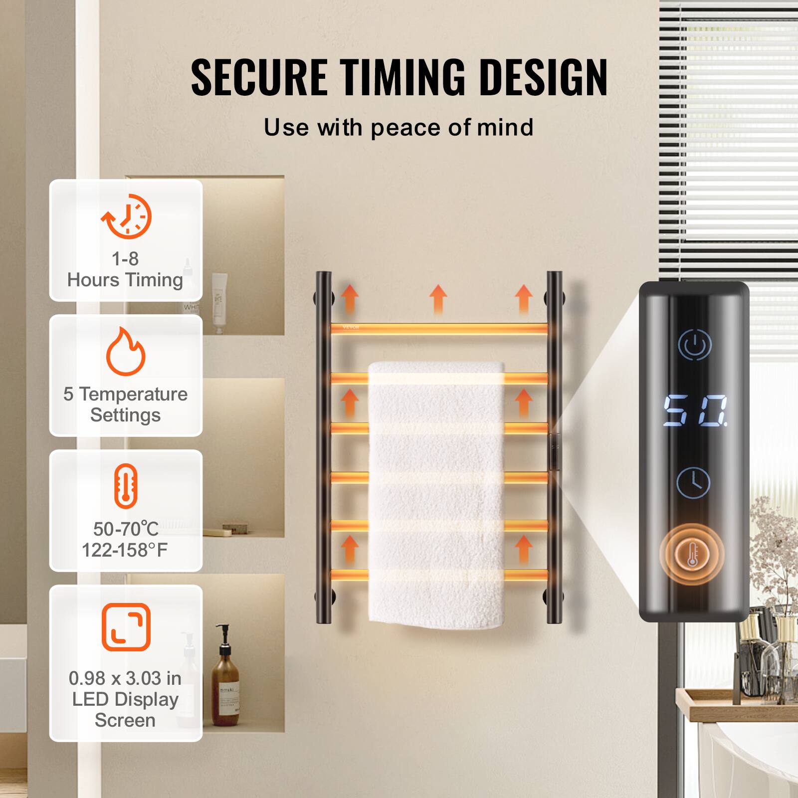 SECURE TIMING DESIGN  
Use with peace of mind  

1-8 Hours Timing  
5 Temperature Settings  
50-70°C / 122-158°F  
0.98 x 3.03 in LED Display Screen