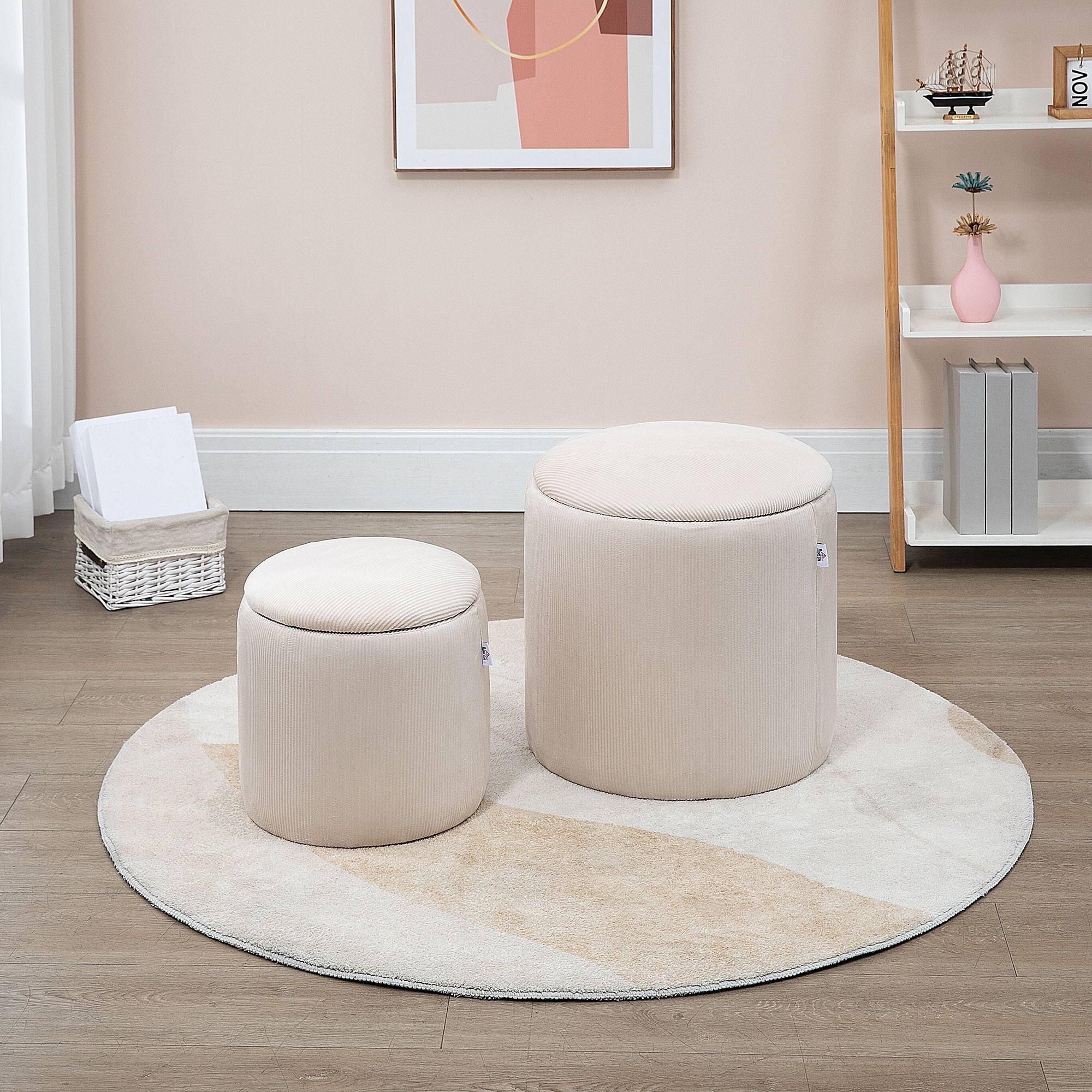 Alt View 1. Homcom - Stool, Ottoman with Storage Set of 2, Removable Wood Lid, Hidden Space - Cream White.