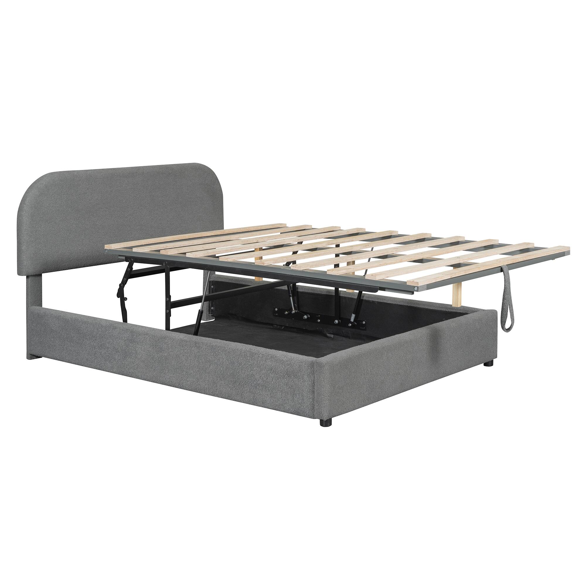 Back. Tiramisubest - Teddy Fleece Full  Size Upholstered Platform Bed with Hydraulic Storage System, Gray - Gray.