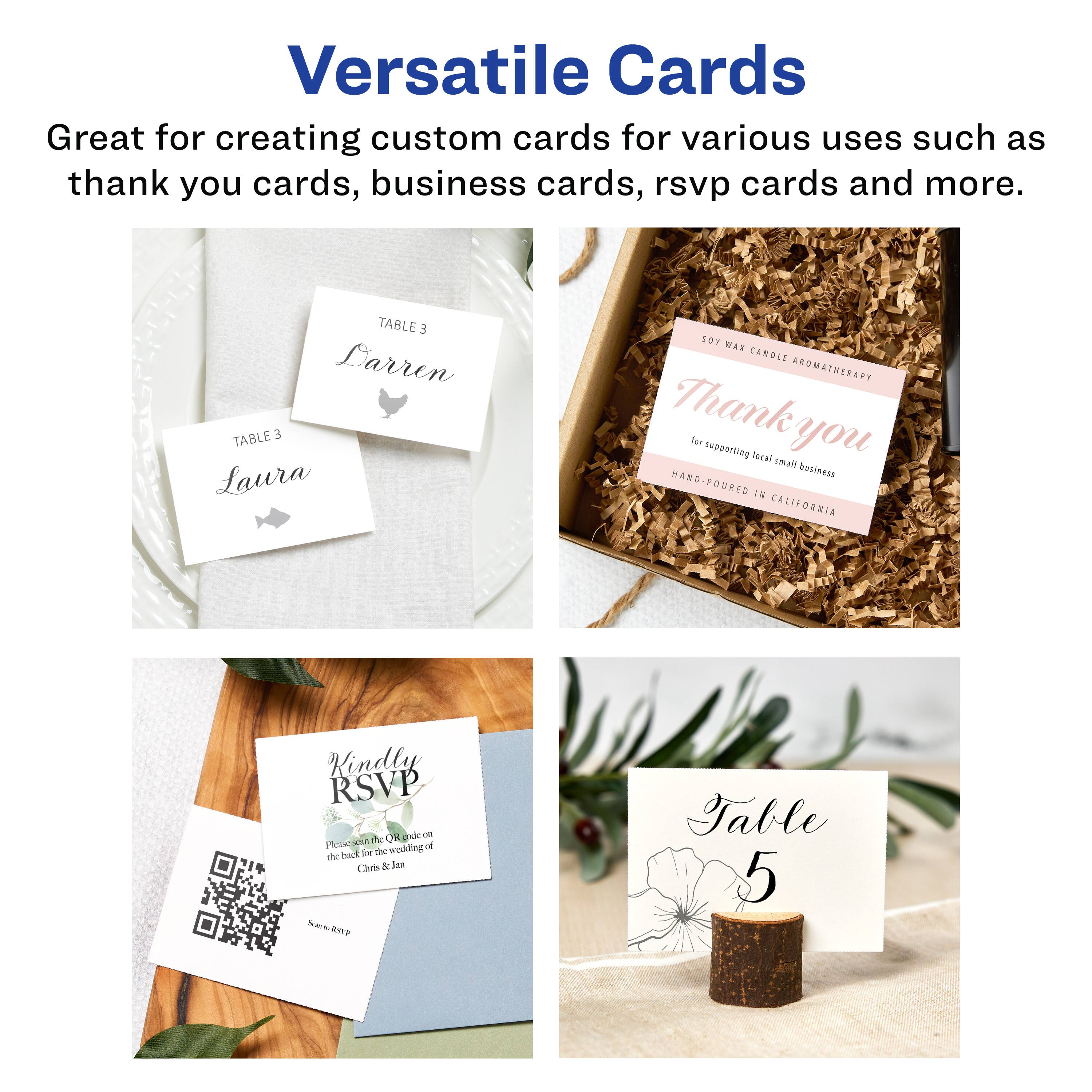 Versatile Cards  
Great for creating custom cards for various uses such as thank you cards, business cards, rsvp cards and more.  

TABLE 3  
Laura  

TABLE 3  
Lauren  

SOY WAX CANDLE AROMATHERAPY  
Thank you  
for supporting local small businesses  
HAND-POURED IN CALIFORNIA  

Windly  
RSVP  
Please scan the QR code on the back for the wedding of  
Chris & Jan  

Table 5