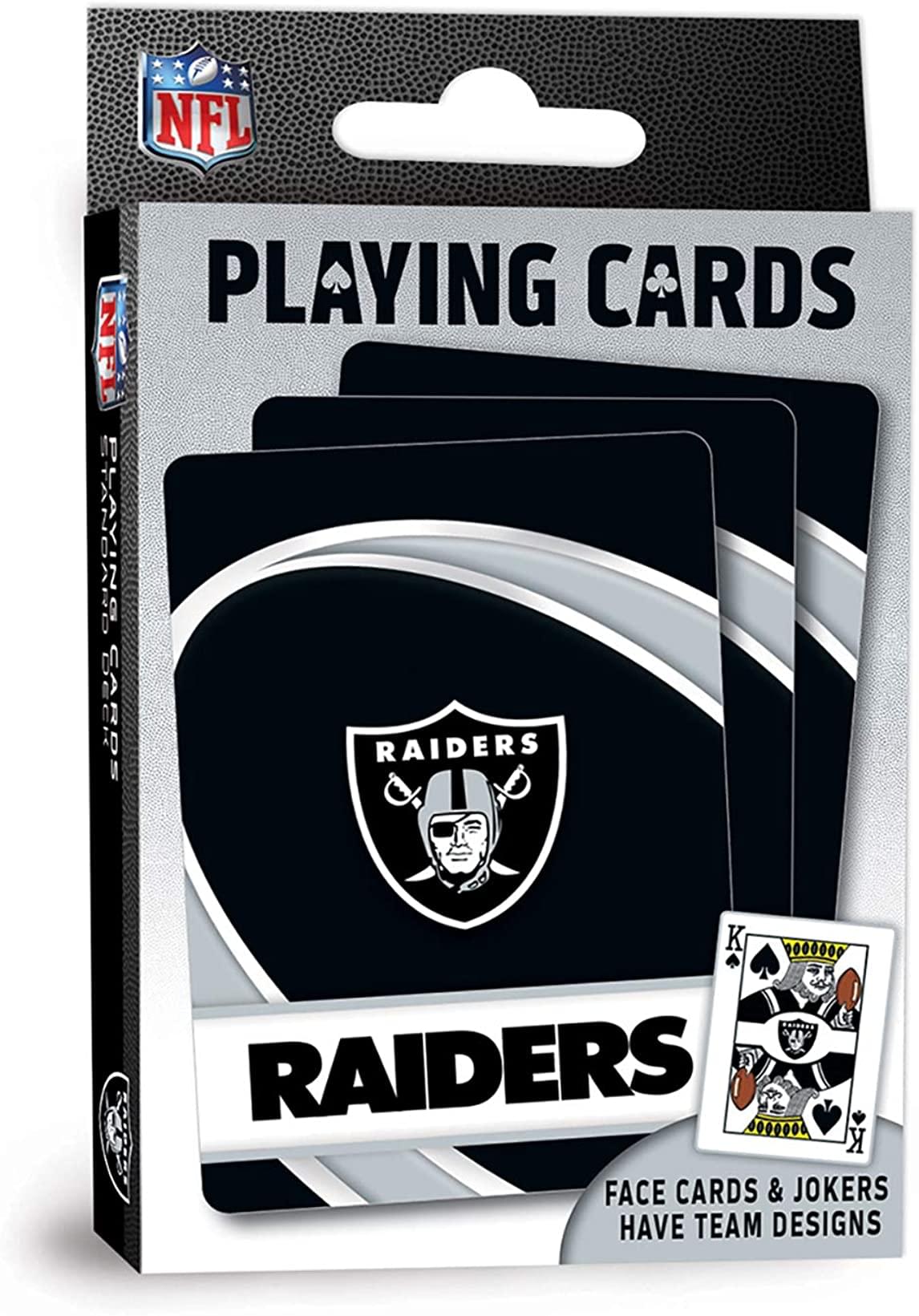 NFL PLAYING CARDS  
1 STANDARD PLAYING DECK CARDS  
RAIDERS  
FACE CARDS & JOKERS HAVE TEAM DESIGNS