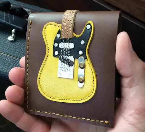Front. Axe Heaven - Genuine Leather Electric Guitar Wallet Card Holder with Pick Storage - Blonde.
