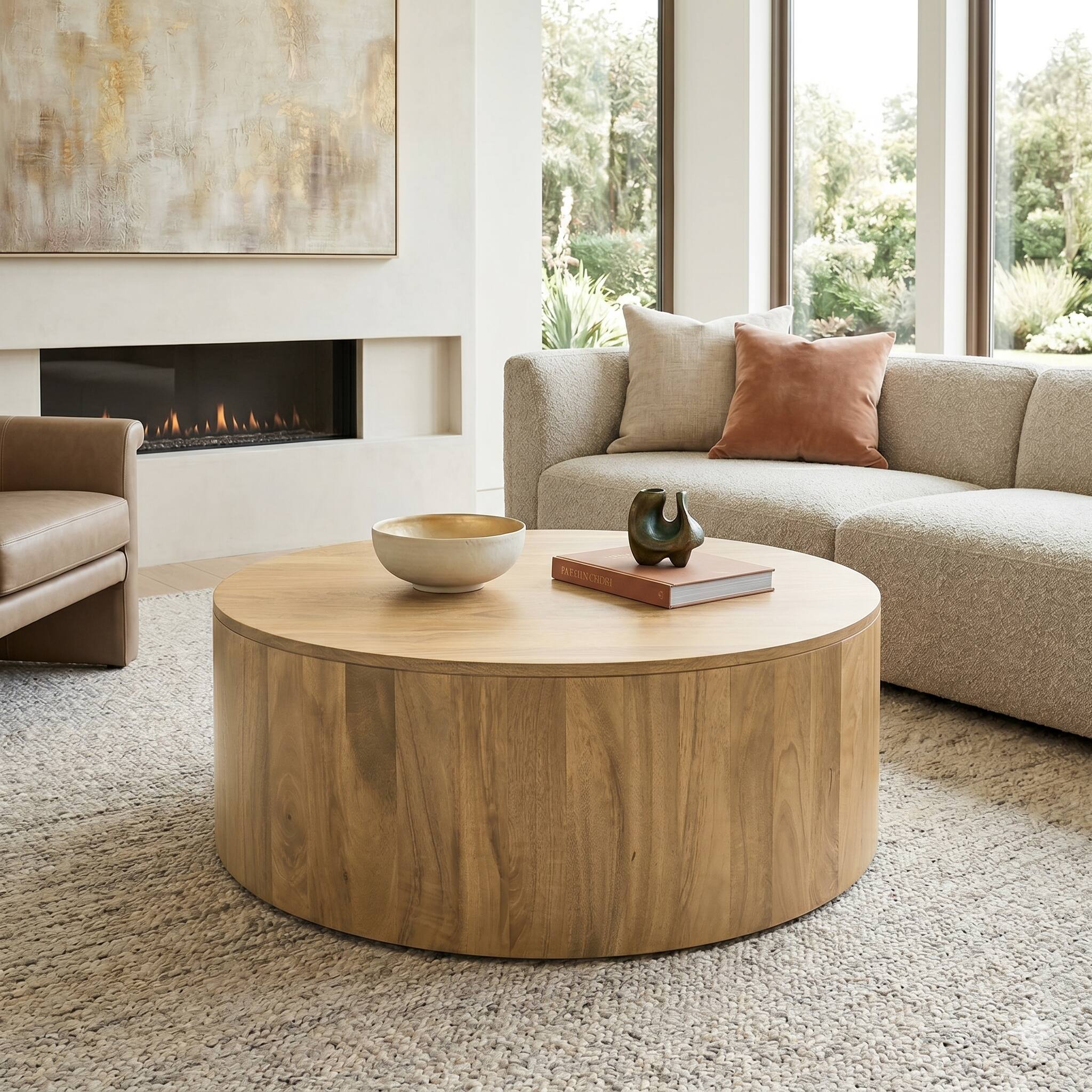 Angle. Simpli Home - Simpli Home Millbury 42W Round Drum Coffee Table - Refined Natural.