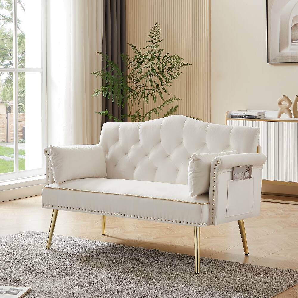 Angle. Loheer - Loheer Cream White 2 Seater Sofa Tufted Velvet Loveseat with Gold Metal Legs Small Apartment Couch - Cream White.