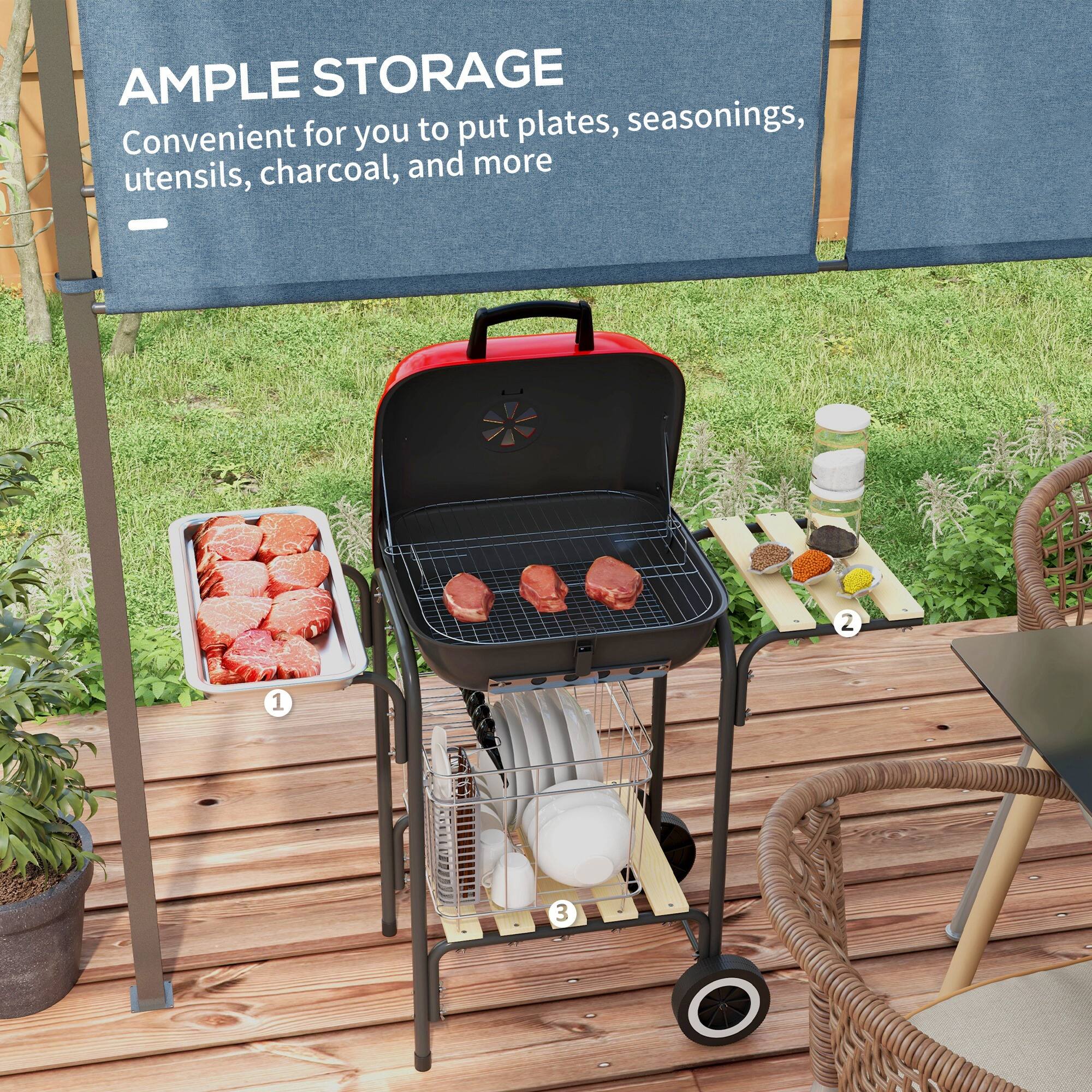 AMPLE STORAGE  
Convenient for you to put plates, seasonings, utensils, charcoal, and more