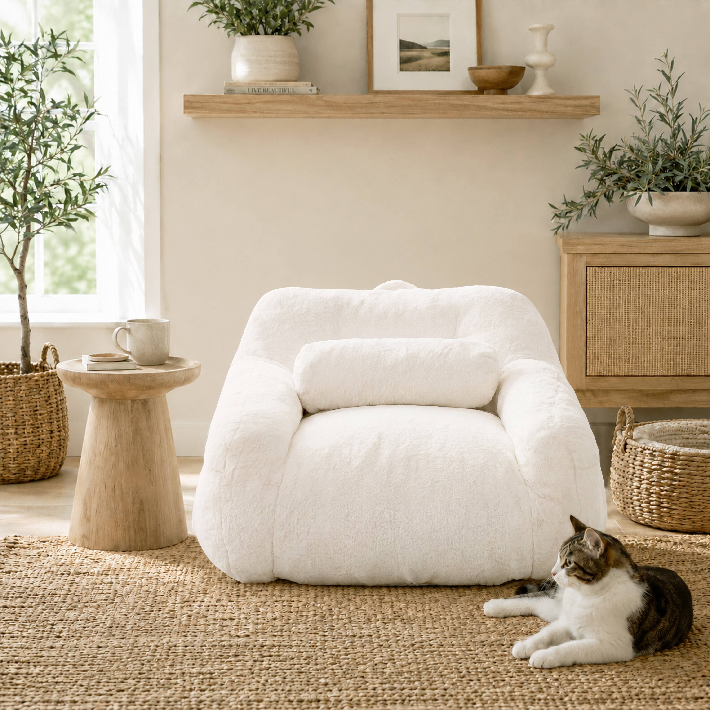 Angle. Vipbear - Bean Bag Chair with Pillow for Adults, Faux Fur Accent Chair with Pocket & Handle, Ergonomic Single Sofa Chair - Off-white.