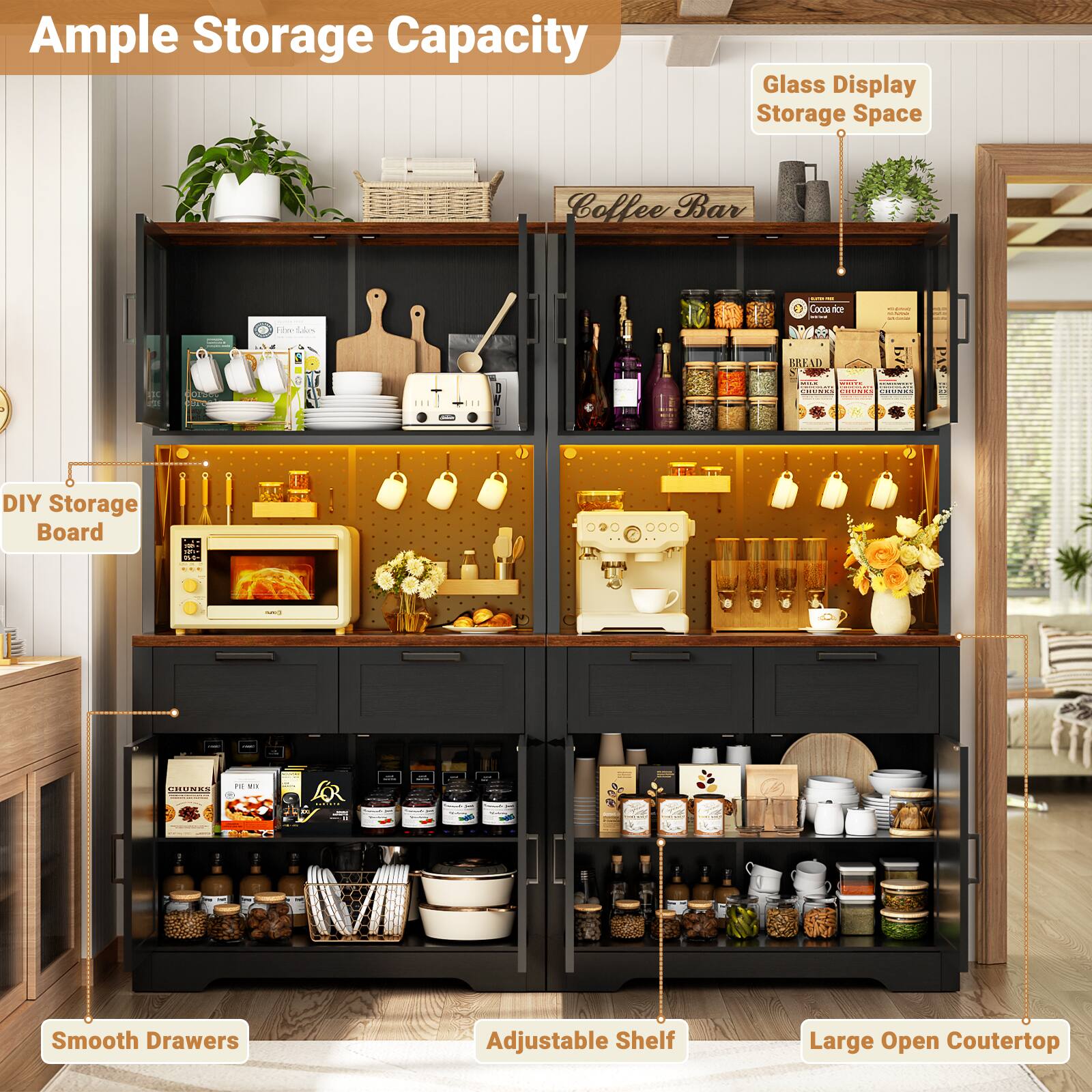 Ample Storage Capacity  
Glass Display Storage Space  
Coffee Bar  

DIY Storage Board  
Smooth Drawers  
Adjustable Shelf  
Large Open Countertop