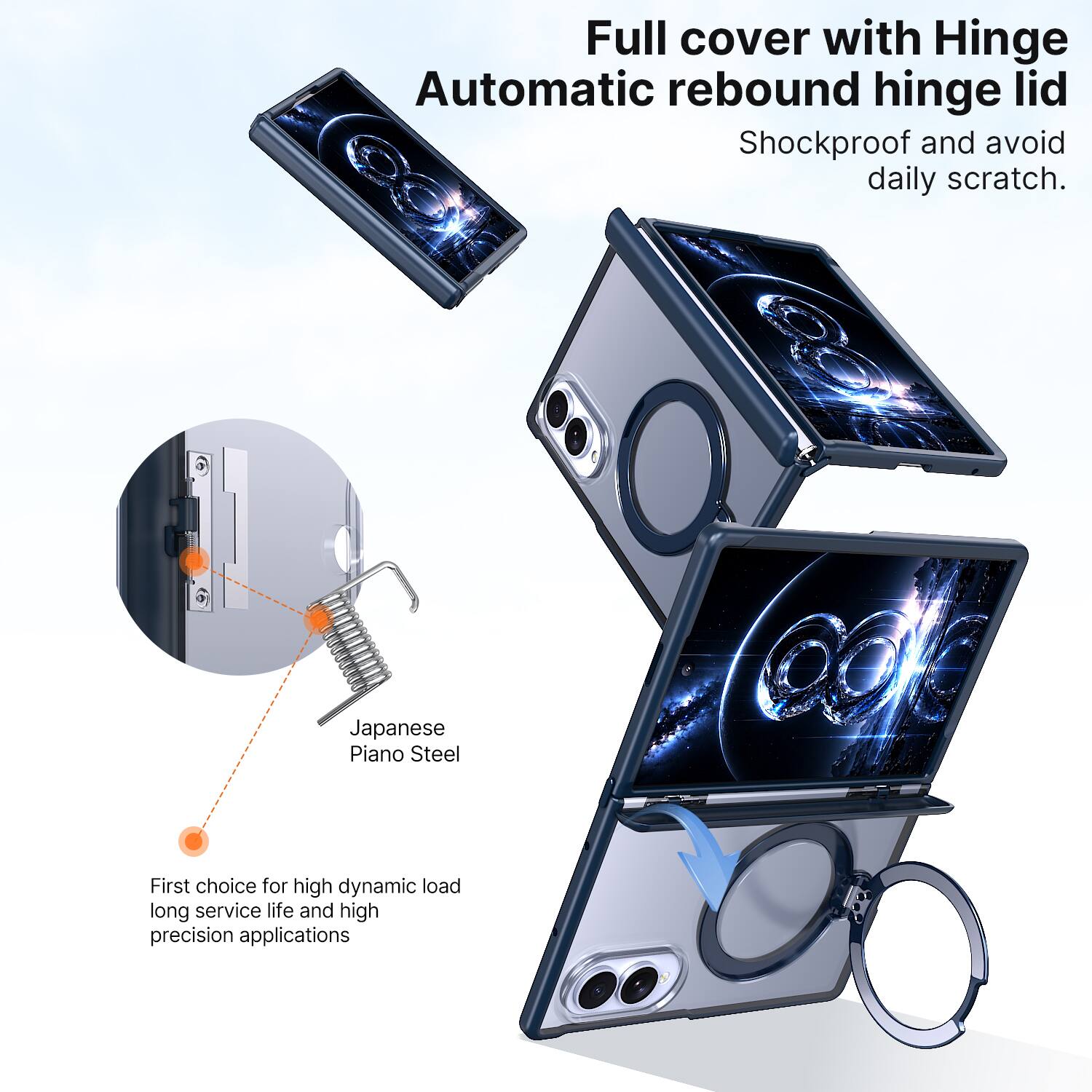 Full cover with Hinge Automatic rebound hinge lid  
Shockproof and avoid daily scratch.  

Japanese Piano Steel  
First choice for high dynamic load long service life and high precision applications
