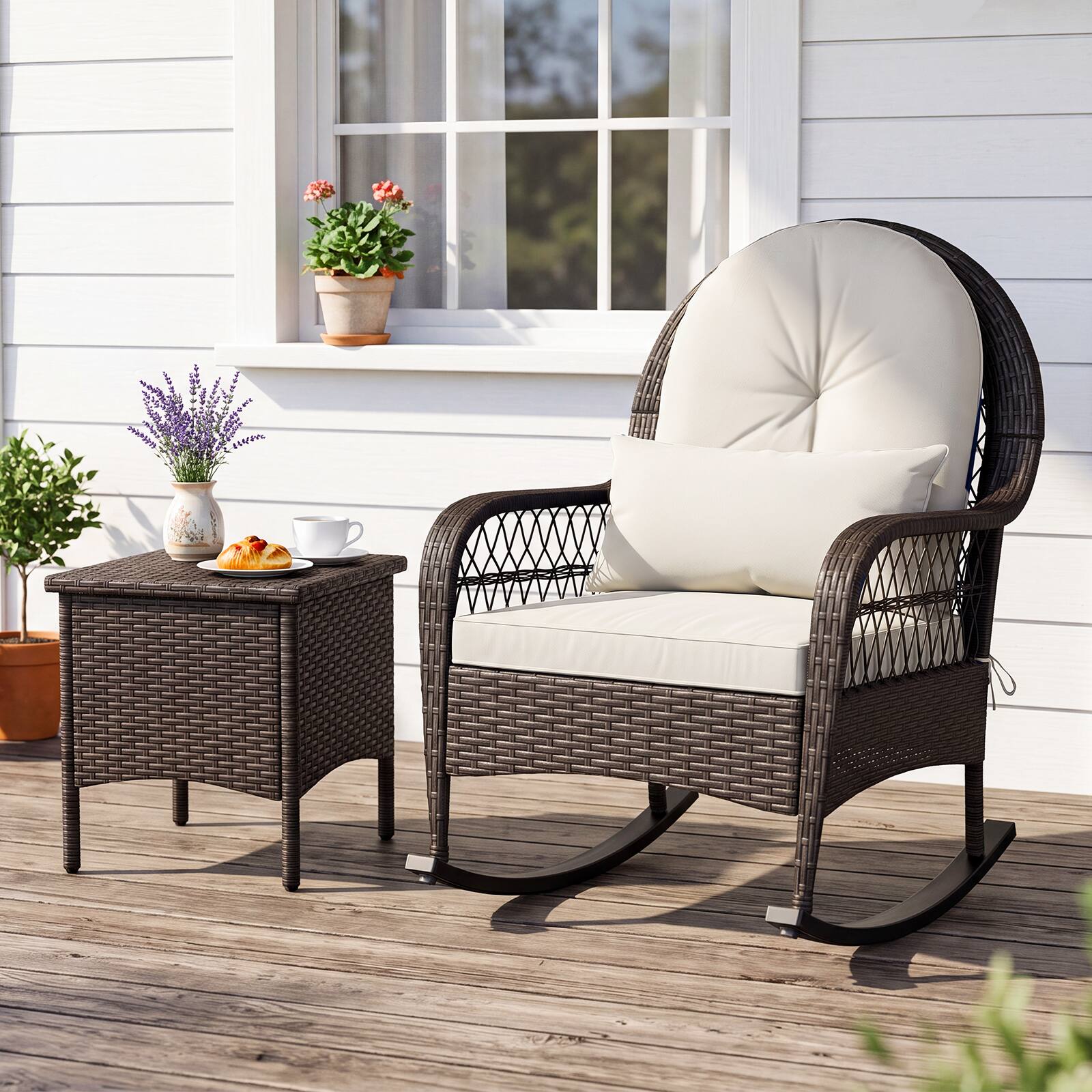 Alt View 3. Gymax - Gymax Patio Wicker Rocking Chair w/ White Seat Cushions & Lumbar Pillow Porch - White.