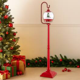 BreeBe - 68 Inch Christmas Lantern Post with Music and Snow Globe Display - Red