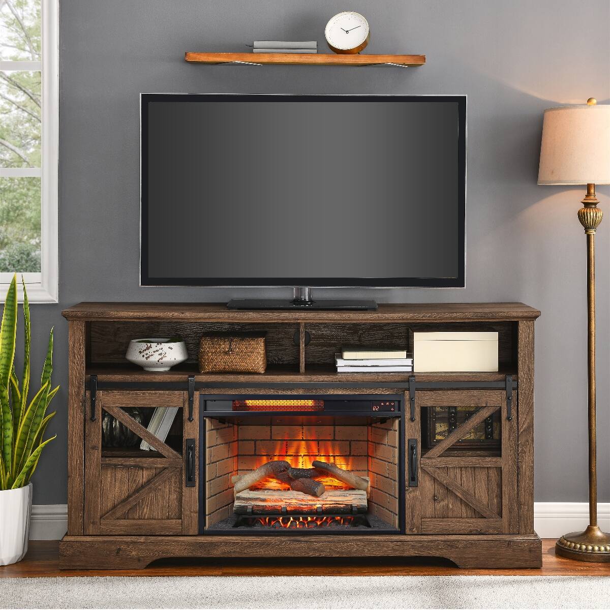 Front. Loheer - Loheer 60 inch electric fireplace entertainment center Reclaimed Barnwood Color - Reclaimed Barnwood.