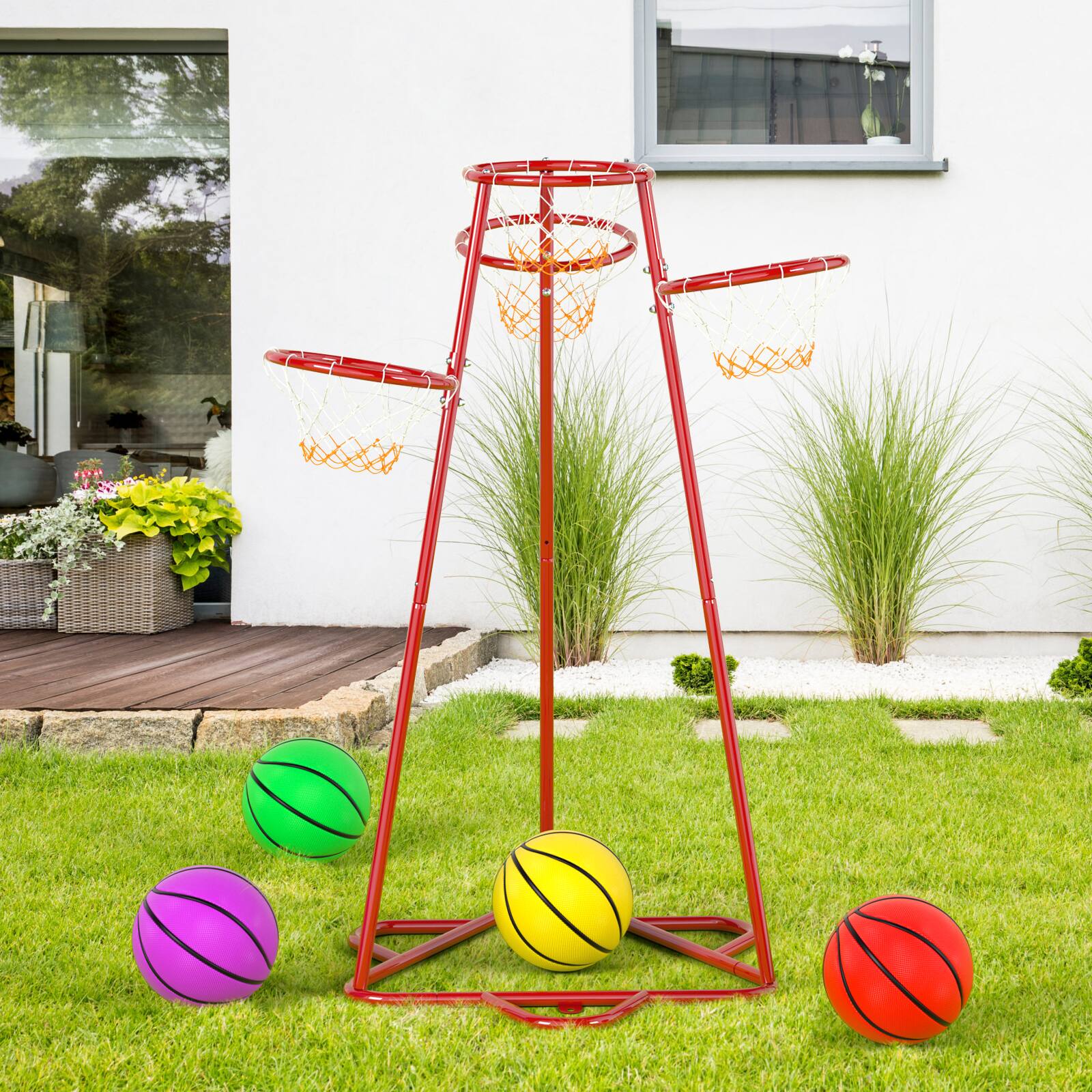 Angle. Topteng - 4-Hoop Kids Basketball Set with 4 Balls - Adjustable Height Preschool Toy for Indoor & Outdoor Play, Red.