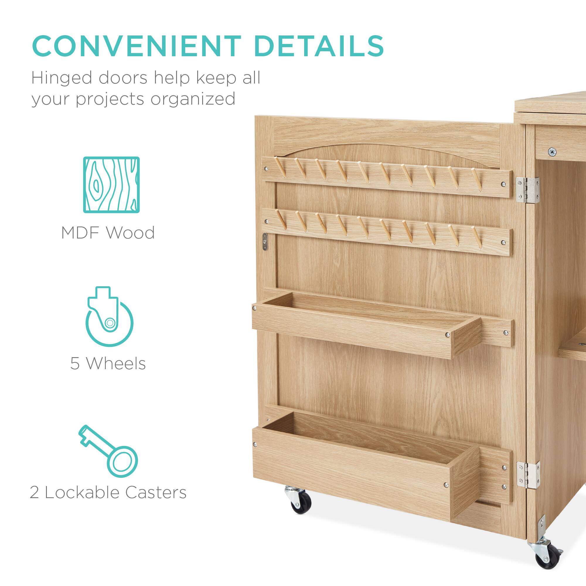 CONVENIENT DETAILS

Hinged doors help keep all your projects organized

- MDF Wood
- 5 Wheels
- 2 Lockable Casters