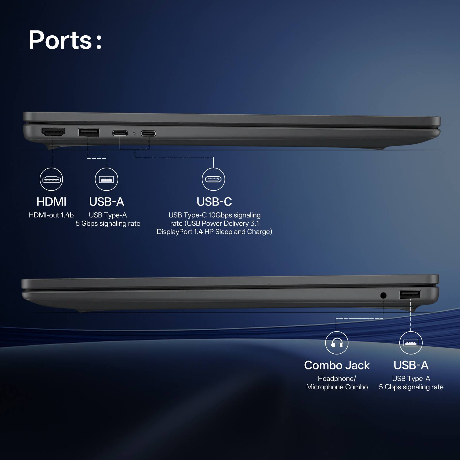 Ports:
- HDMI-out 1.4b
- USB Type-A (5 Gbps signaling rate)
- USB Type-C (10Gbps signaling rate, USB Power Delivery 3.1, DisplayPort 1.4, HP Sleep and Charge)
- Combo Jack (Headphone/Microphone Combo)
- USB Type-A (5 Gbps signaling rate)