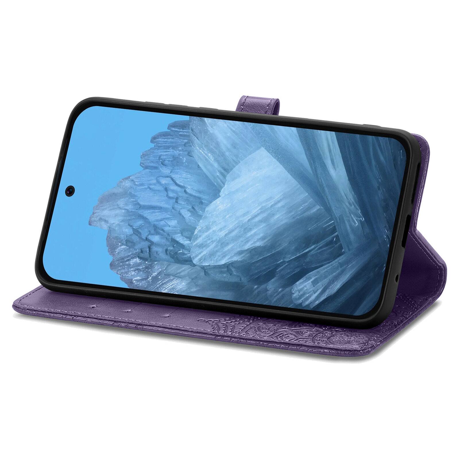 Left. Dteck - Magnetic Embossed Case For Google Pixel 10 Pro XL, Shockproof Card Slots Stand PU Leather Flip Protective Cover - Purple.