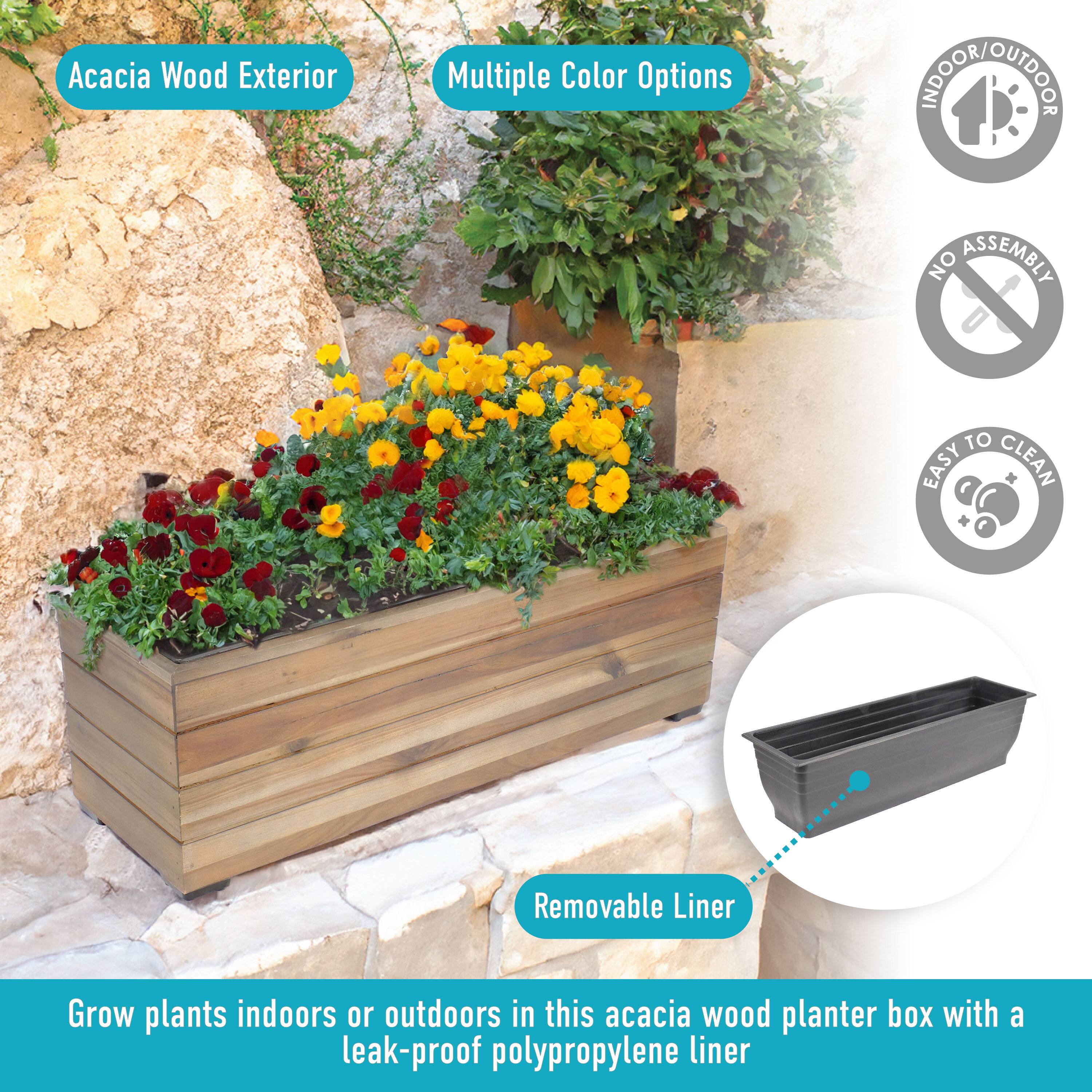 Acacia Wood Exterior  
Multiple Color Options  
Indoor/Outdoor  
No Assembly  
Easy to Clean  
Removable Liner  

Grow plants indoors or outdoors in this acacia wood planter box with a leak-proof polypropylene liner