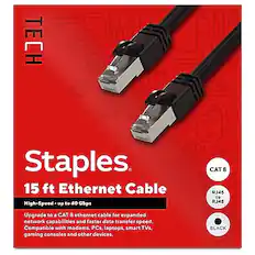 **TECH Staples**
**15 ft Ethernet Cable**
- **High-Speed** - up to 40 Gbps
- **CAT 8** - RJ45 to RJ45
- **BLACK**
Upgrade to a CAT 8 ethernet cable for expanded network capabilities and faster data transfer speed. Compatible with modems, PCs, laptops, smart TVs, gaming consoles, and other devices.