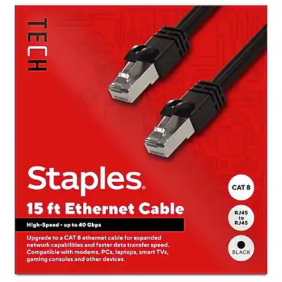 **TECH Staples**
**15 ft Ethernet Cable**
- **High-Speed** - up to 40 Gbps
- **CAT 8** - RJ45 to RJ45
- **BLACK**
Upgrade to a CAT 8 ethernet cable for expanded network capabilities and faster data transfer speed. Compatible with modems, PCs, laptops, smart TVs, gaming consoles, and other devices.