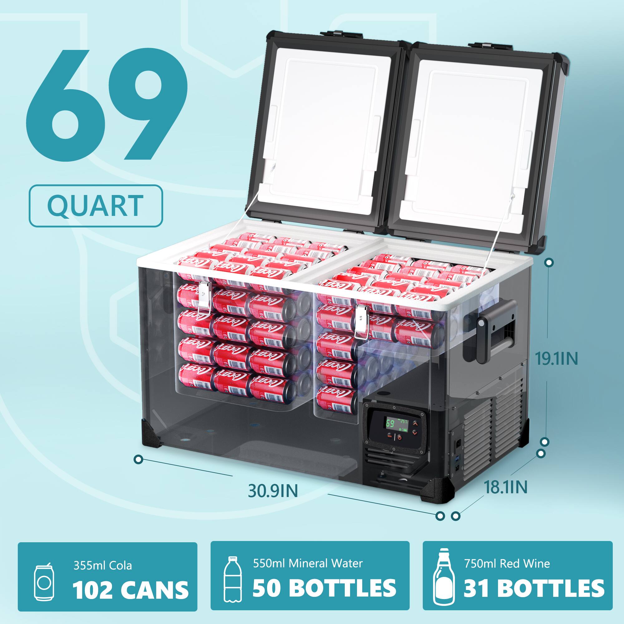 69 QUART

355ml Cola 102 CANS

550ml Mineral Water 50 BOTTLES

750ml Red Wine 31 BOTTLES