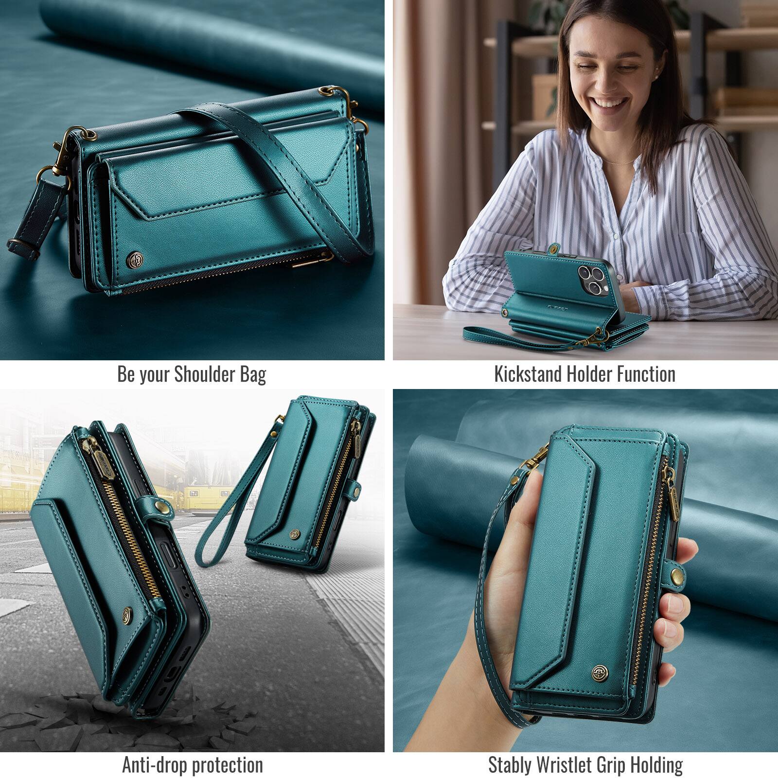 Be your Shoulder Bag  
Kickstand Holder Function  
Anti-drop protection  
Stably Wristlet Grip Holding