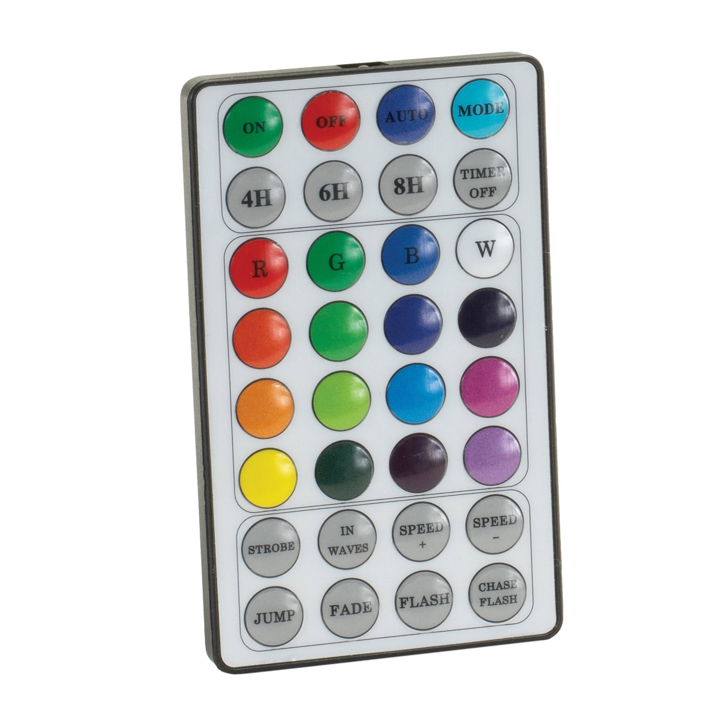 Here is the corrected and grouped text from the image:

**Top Row:**
- ON
- OFF
- AUTO
- MODE
- TIMER OFF
- 8H

**Second Row:**
- 4H
- 6H
- R
- G
- B
- W

**Third Row:**
- (Red)
- (Green)
- (Blue)
- (White)
- (Orange)
- (Purple)

**Fourth Row:**
- (Yellow)
- (Cyan)
- (Magenta)
- (Black)

**Bottom Row:**
- STROBE
- IN WAVE
- SPEED +
- SPEED -
- CHASE FLASH
- JUMP
- FADE
- FLASH