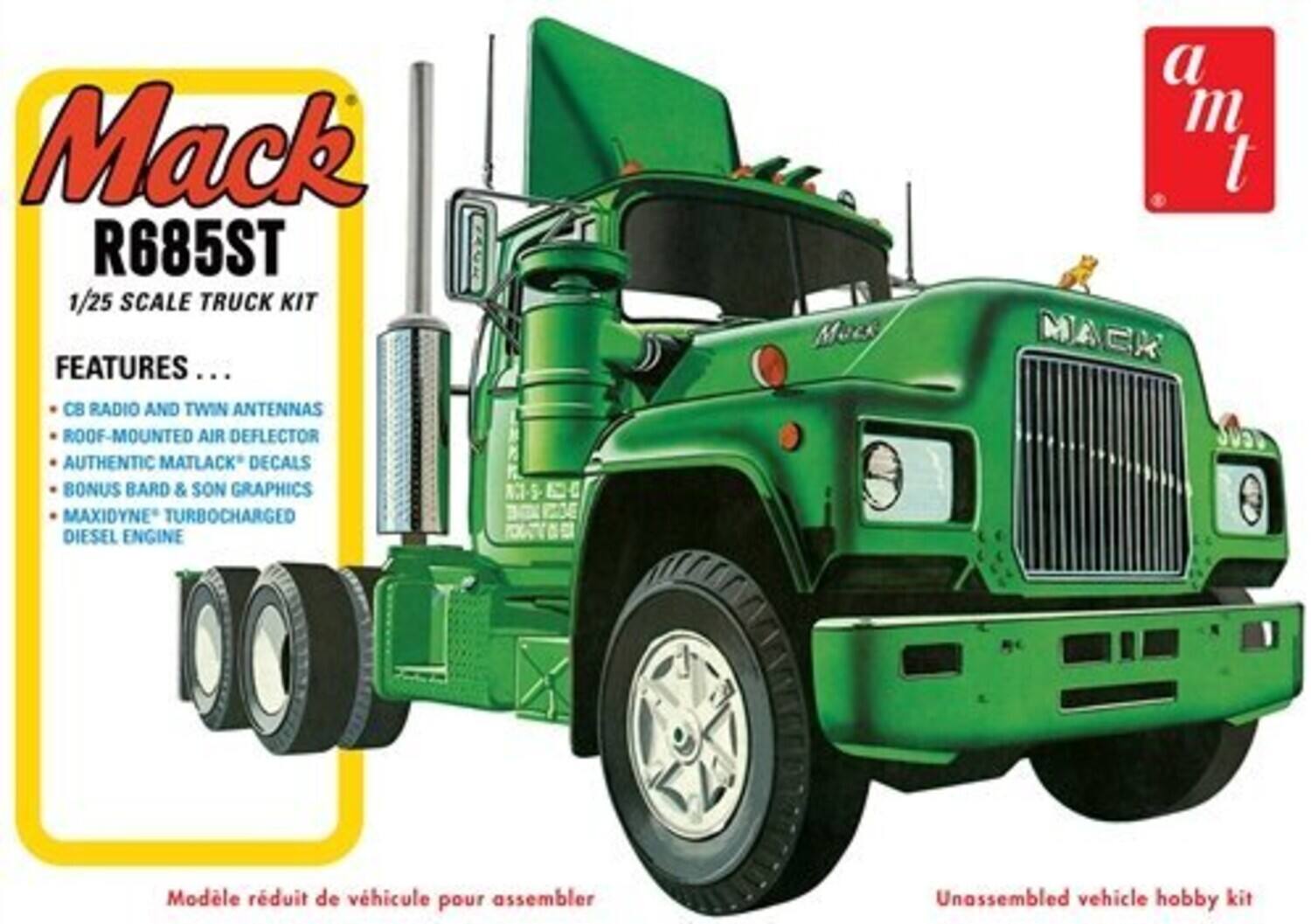 Mack R685ST  
1/25 Scale Truck Kit  

Features:  
- CB Radio and Twin Antennas  
- Roof-Mounted Air Deflector  
- Authentic Matlack Decals  
- Bonus Bard & Son Graphics  
- Maxidyn® Turbocharged Diesel Engine  

Model réduit de véhicule pour assembler  
Unassembled vehicle hobby kit
