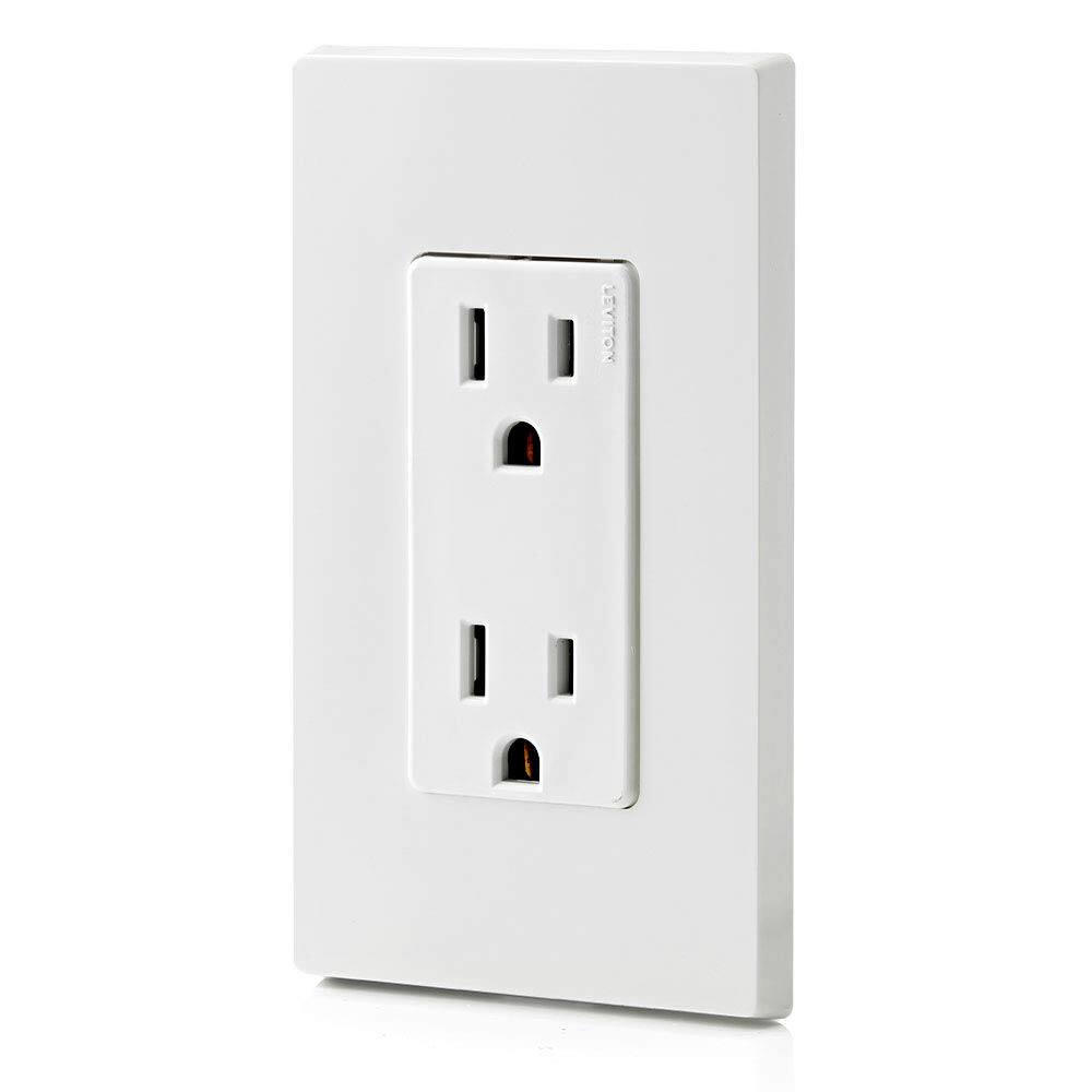 Back. Leviton - 15 Amp 125 Volt Decora Duplex Receptacle, Residential Grade, Grounding, 5325 - White.
