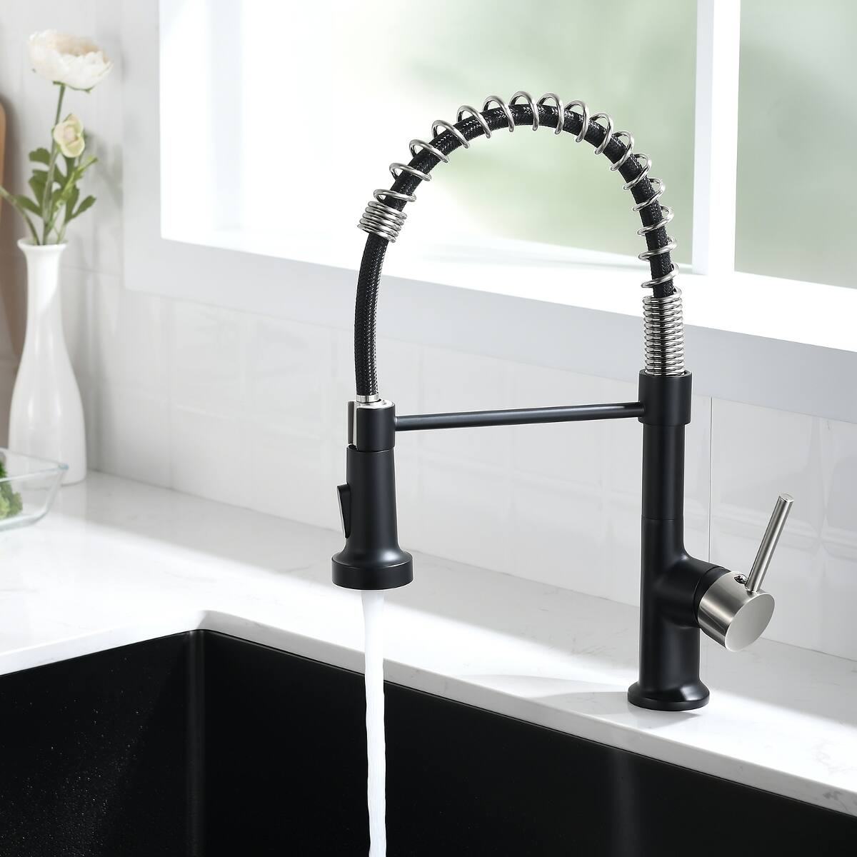 Alt View 2. Ropilly - Ropilly Commercial Kitchen Faucet with Pull Down Sprayer, Black Nickel Single Handle Spring Kitchen Sink Faucet - Black and Silver.