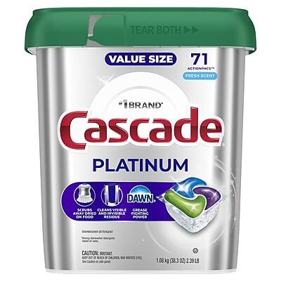 TEAR BOTH

VALUE SIZE

71 ACTIONPACS

FRESH SCENT

"1 BRAND" Cascade PLATINUM

Dawn

SCRUBS CLEANS VISIBLE CREASE AWAY DRIED AND INVISIBLE FOCO RESIDUE POWER

CAUTION: RISK OF CHOKING. KEEP OUT OF REACH OF CHILDREN. NOT FOR USE IN EYES

1.08 kg (38.3 OZ) 2.39 LB