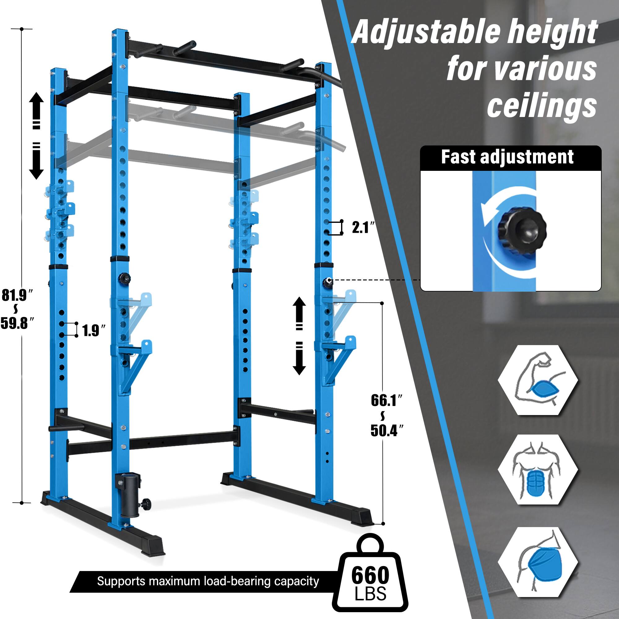 Adjustable height for various ceilings

Fast adjustment

81.9" S 59.8" 2.1"

66.1" S 50.4" 1.9"

Supports maximum load-bearing capacity 660 LBS
