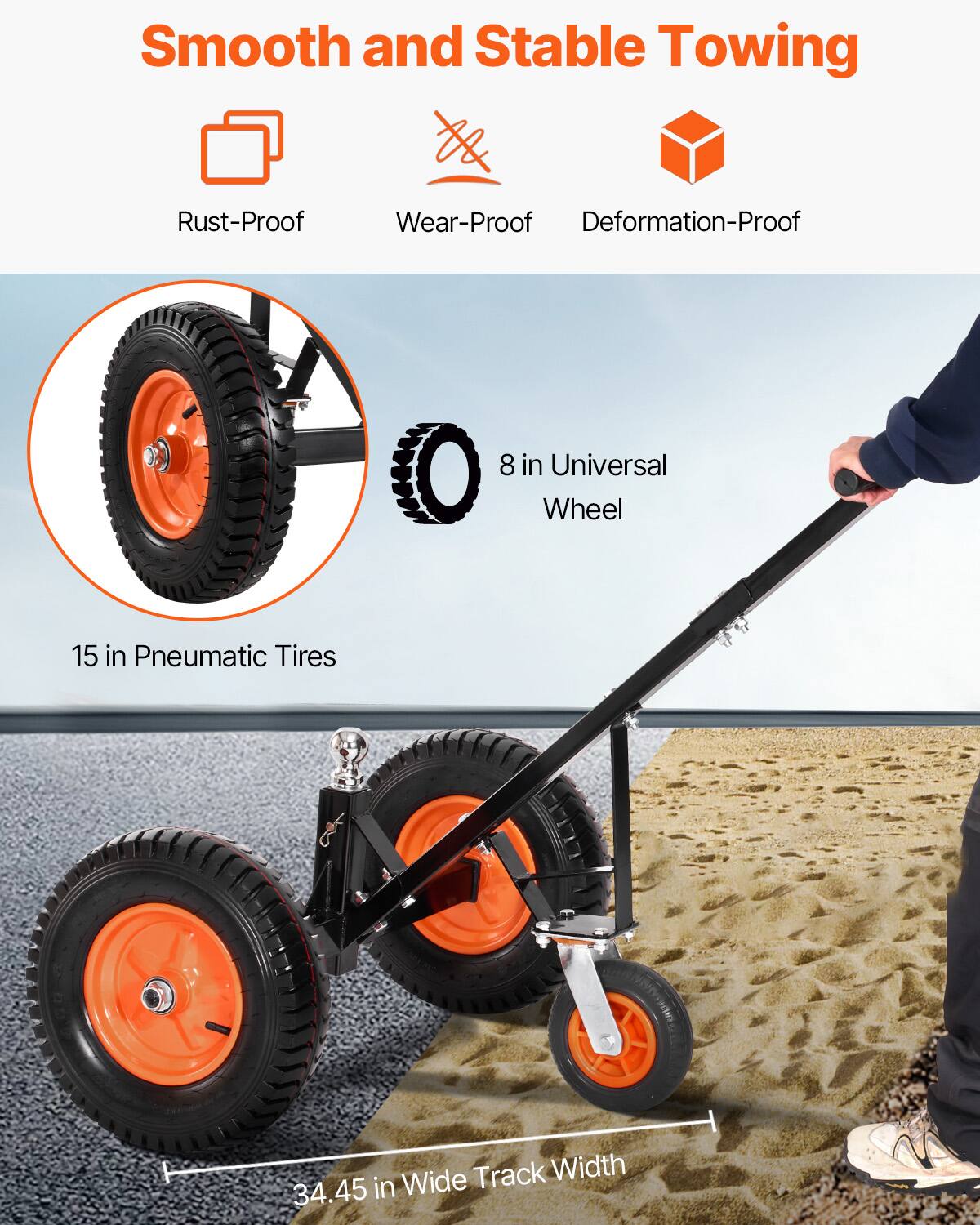 Smooth and Stable Towing

- Rust-Proof
- Wear-Proof
- Deformation-Proof

8 in Universal Wheel

15 in Pneumatic Tires

34.45 in Wide Track Width