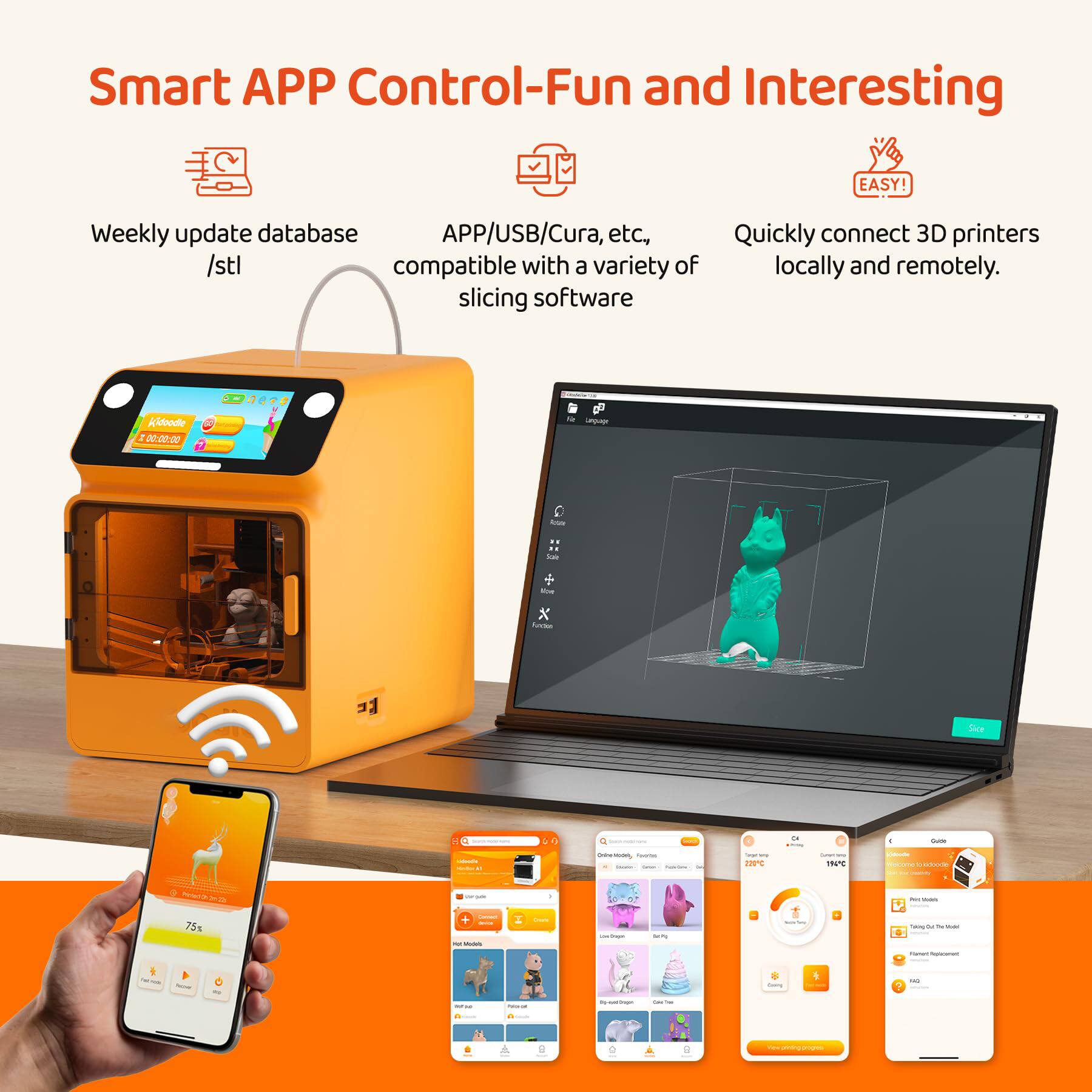 Smart APP Control-Fun and Interesting

- Weekly update database /stl
- APP/USB/Cura, etc, compatible with a variety of slicing software
- Quickly connect 3D printers locally and remotely.