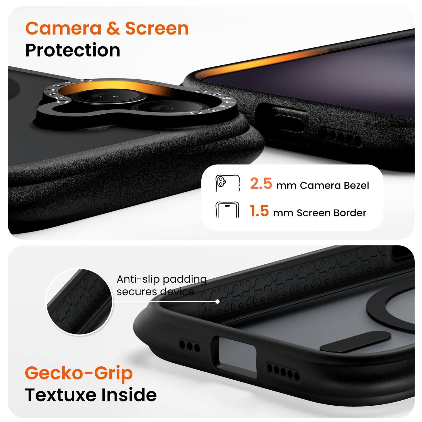 Camera & Screen Protection  
2.5 mm Camera Bezel  
1.5 mm Screen Border  
Anti-slip padding secures device  
Gecko-Grip Textuxe Inside