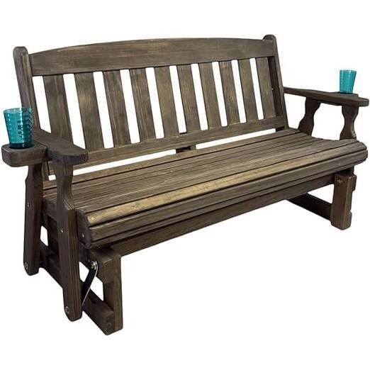 Front. SlickBlue - Sturdy Wooden Porch Glider Bench with Cupholders for Outdoor Seating - Dark Walnut.